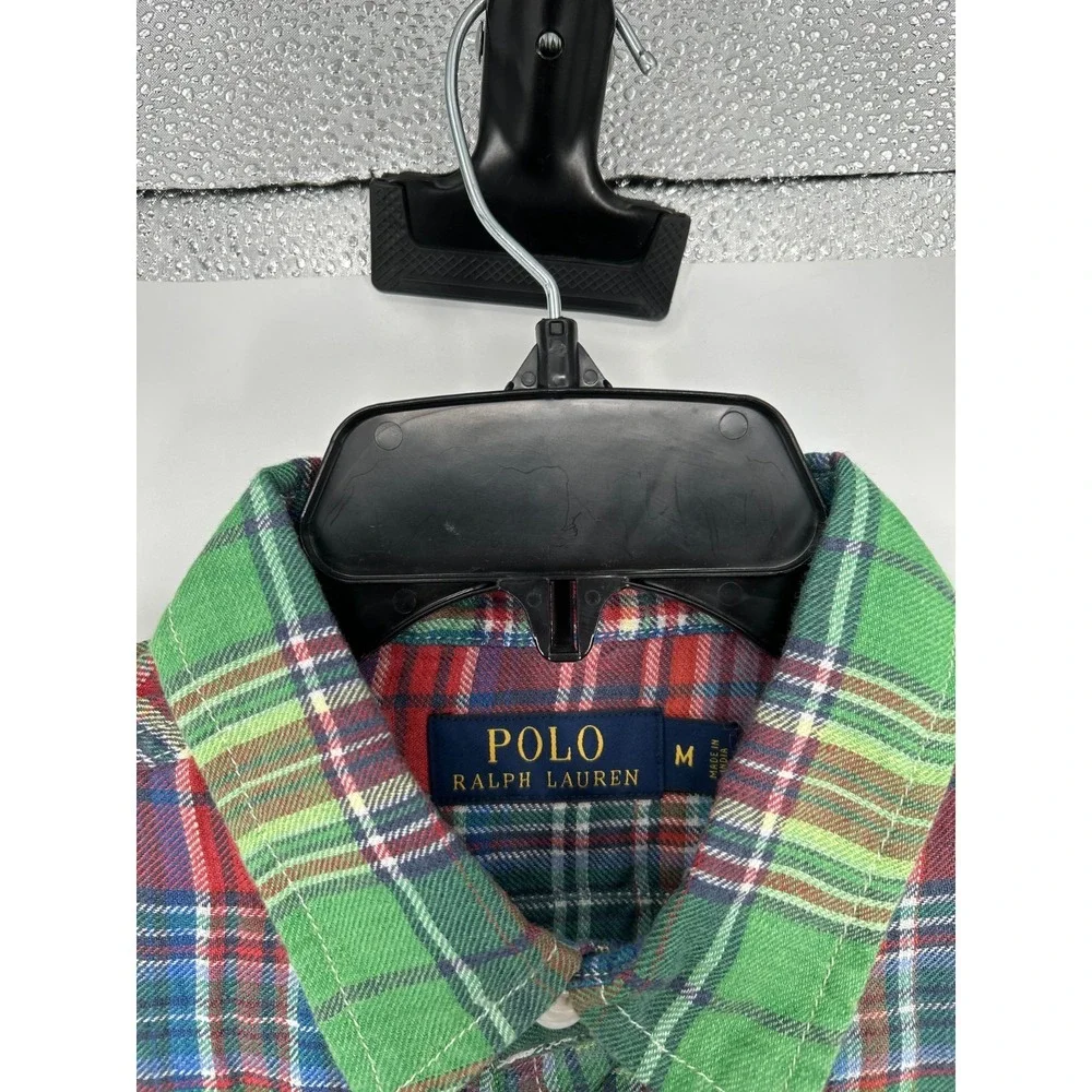 Polo Ralph Lauren Shirt Red‎ Green Tartan Plaid Button Up 100% Linen Two Pockets